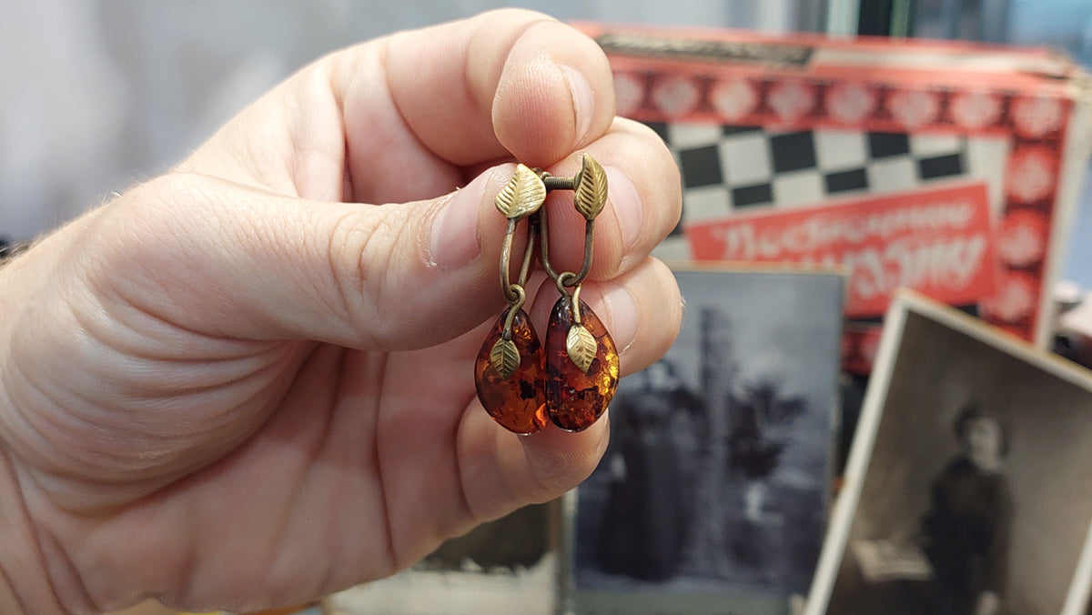 Amber Drop Earrings, Romantic Baltic Amber Cognac Amber Drop Earrings, Boho Fossil Amber Jewelry.