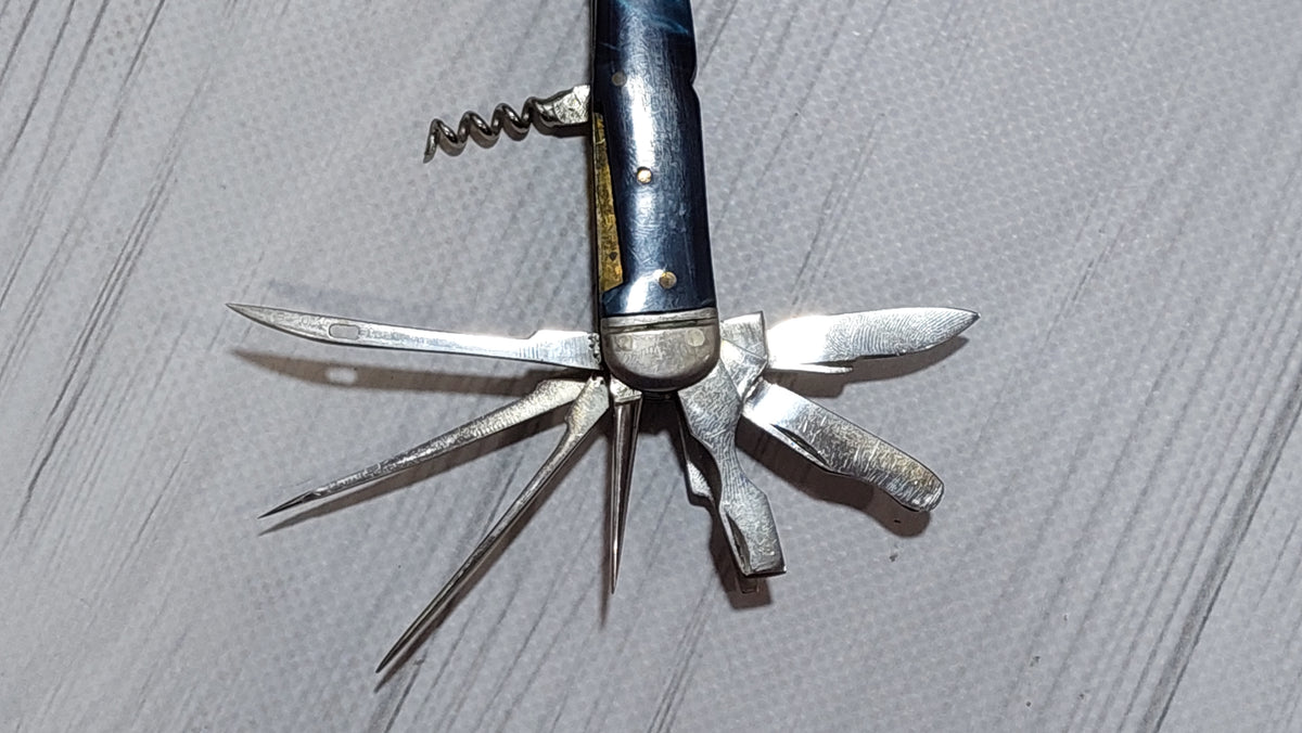 Soviet vintage folding knife multitool, USSR folding knife, produced by the Soviet Vorsma plant, tourist knife.