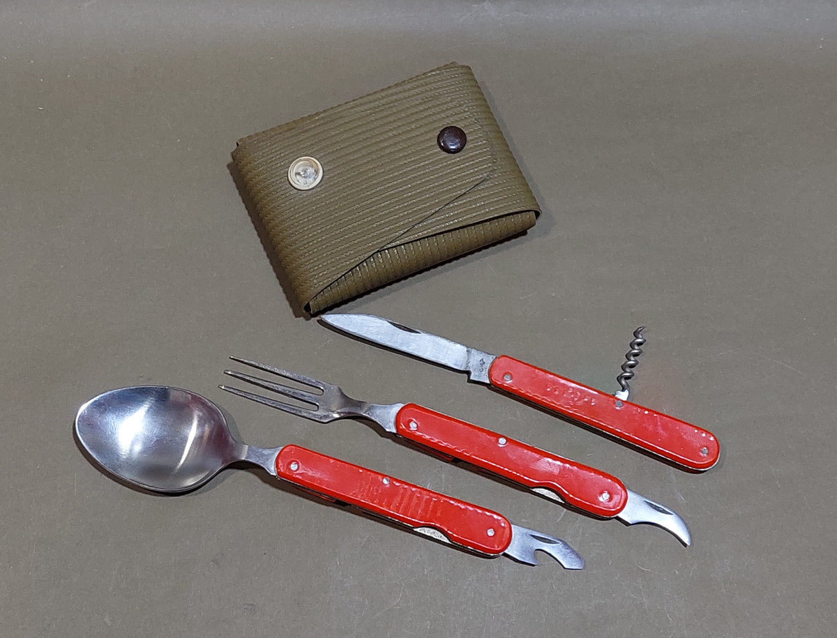 vintage travel set compass spoon fork bottle opener .