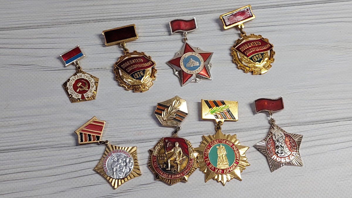 Collection of eight Soviet pin badges, USSR badges of the seventies.