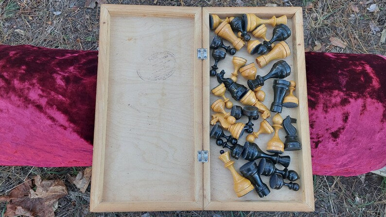 Vintage soviet chess set, big wooden russian chess players of the USSR in original board, russian chess, 1960s vintage chess set