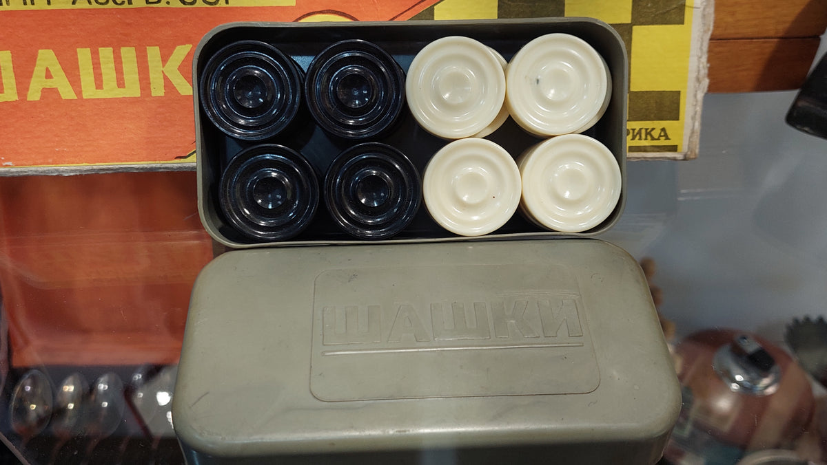 Soviet checkers installed in the original box