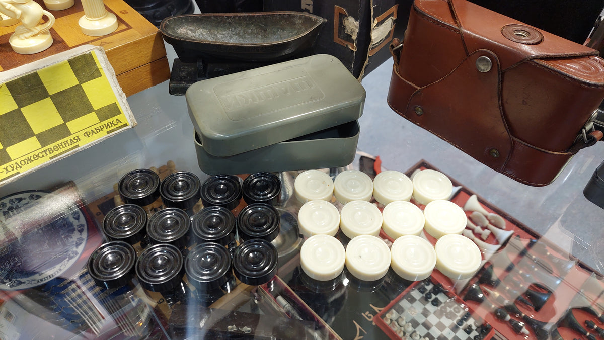 Soviet checkers installed in the original box