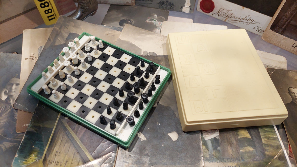 Beautiful authentic Soviet travel pocket chess, Russian USSR, 1988s vintage antique.