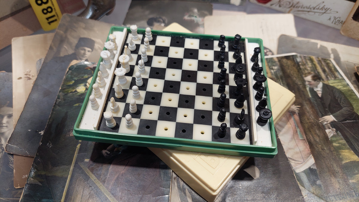 Beautiful authentic Soviet travel pocket chess, Russian USSR, 1988s vintage antique.
