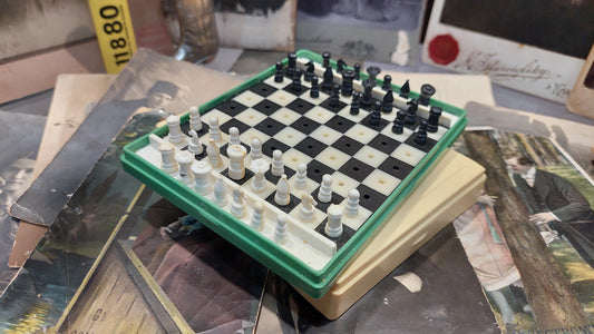 Beautiful authentic Soviet travel pocket chess, Russian USSR, 1988s vintage antique.