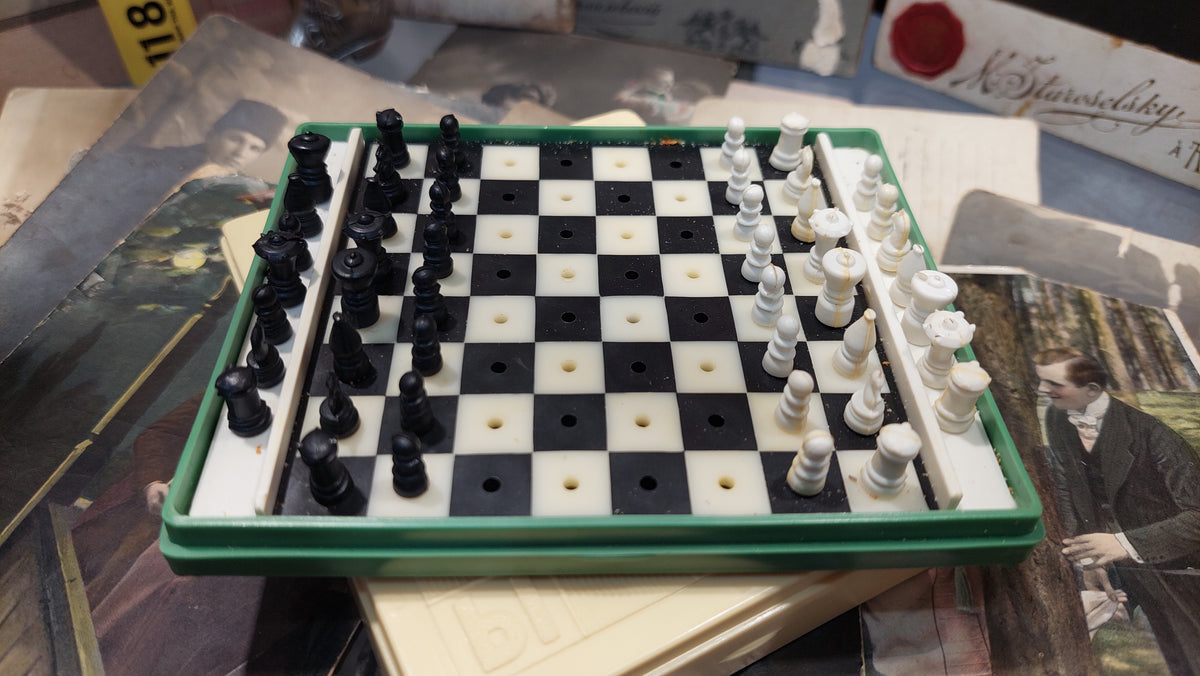 Beautiful authentic Soviet travel pocket chess, Russian USSR, 1988s vintage antique.