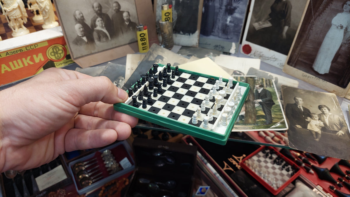 Beautiful authentic Soviet travel pocket chess, Russian USSR, 1988s vintage antique.
