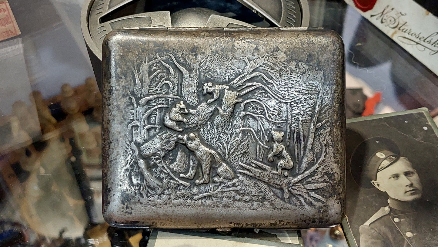 Antique silver-plated brass cigarette case USSR 1940s Bears, Morning in a pine forest. RARE! A great gift for him and her!