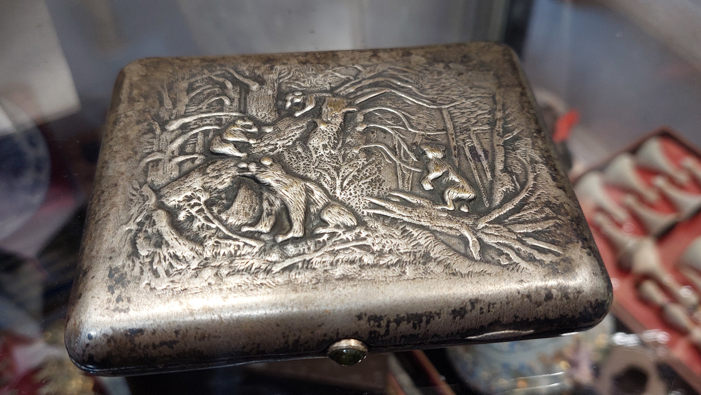 Antique silver-plated brass cigarette case USSR 1940s Bears, Morning in a pine forest. RARE! A great gift for him and her!