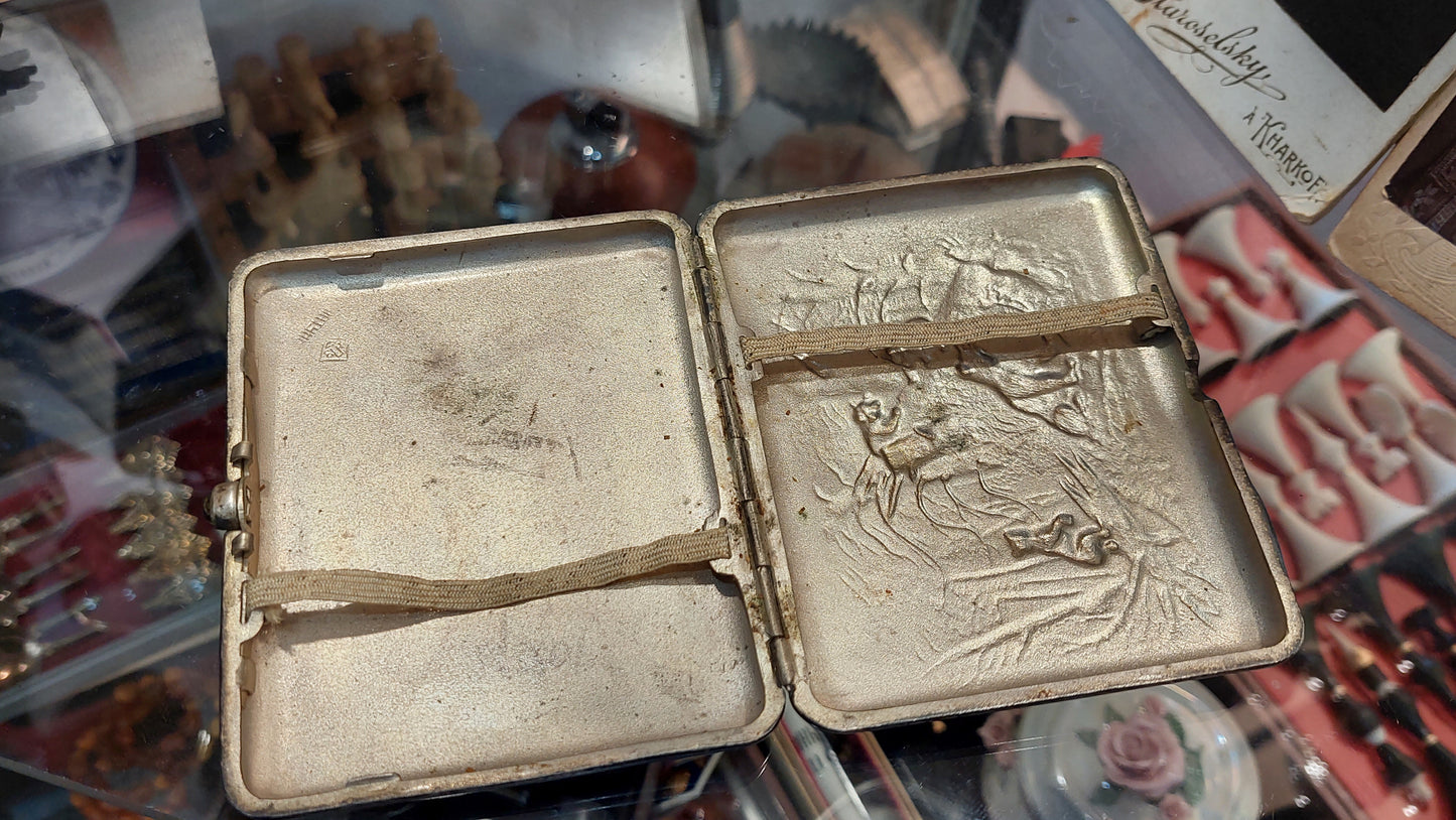 Antique silver-plated brass cigarette case USSR 1940s Bears, Morning in a pine forest. RARE! A great gift for him and her!