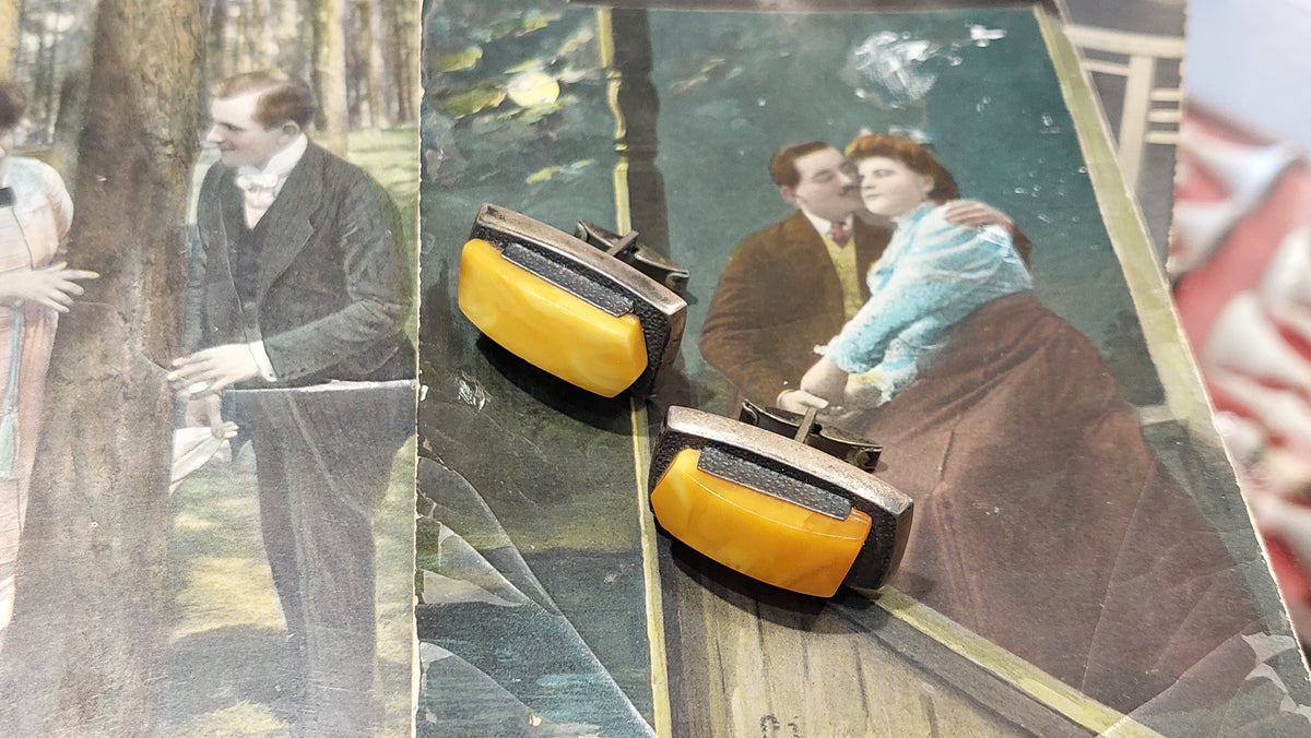 Soviet vintage cufflinks Silver with amber Sample 875, Soviet amber, 1950s.