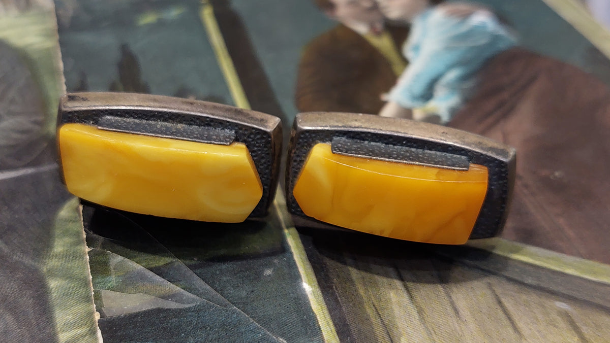 Soviet vintage cufflinks Silver with amber Sample 875, Soviet amber, 1950s.