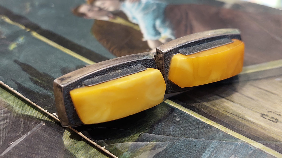 Soviet vintage cufflinks Silver with amber Sample 875, Soviet amber, 1950s.