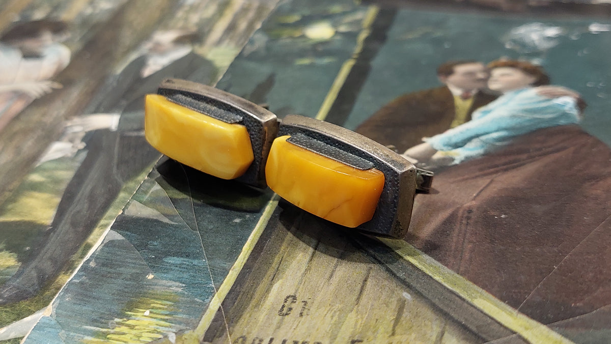 Soviet vintage cufflinks Silver with amber Sample 875, Soviet amber, 1950s.