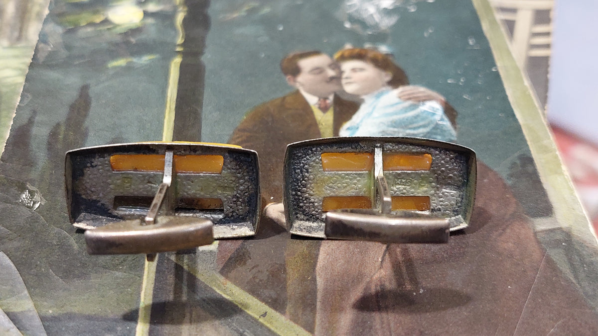 Soviet vintage cufflinks Silver with amber Sample 875, Soviet amber, 1950s.