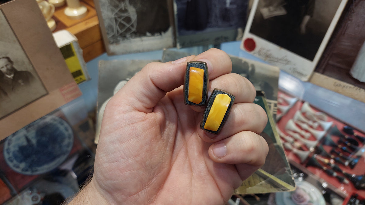 Soviet vintage cufflinks Silver with amber Sample 875, Soviet amber, 1950s.