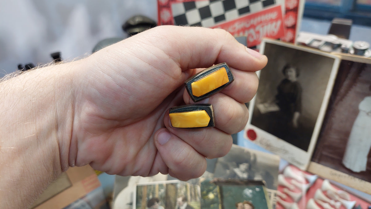 Soviet vintage cufflinks Silver with amber Sample 875, Soviet amber, 1950s.