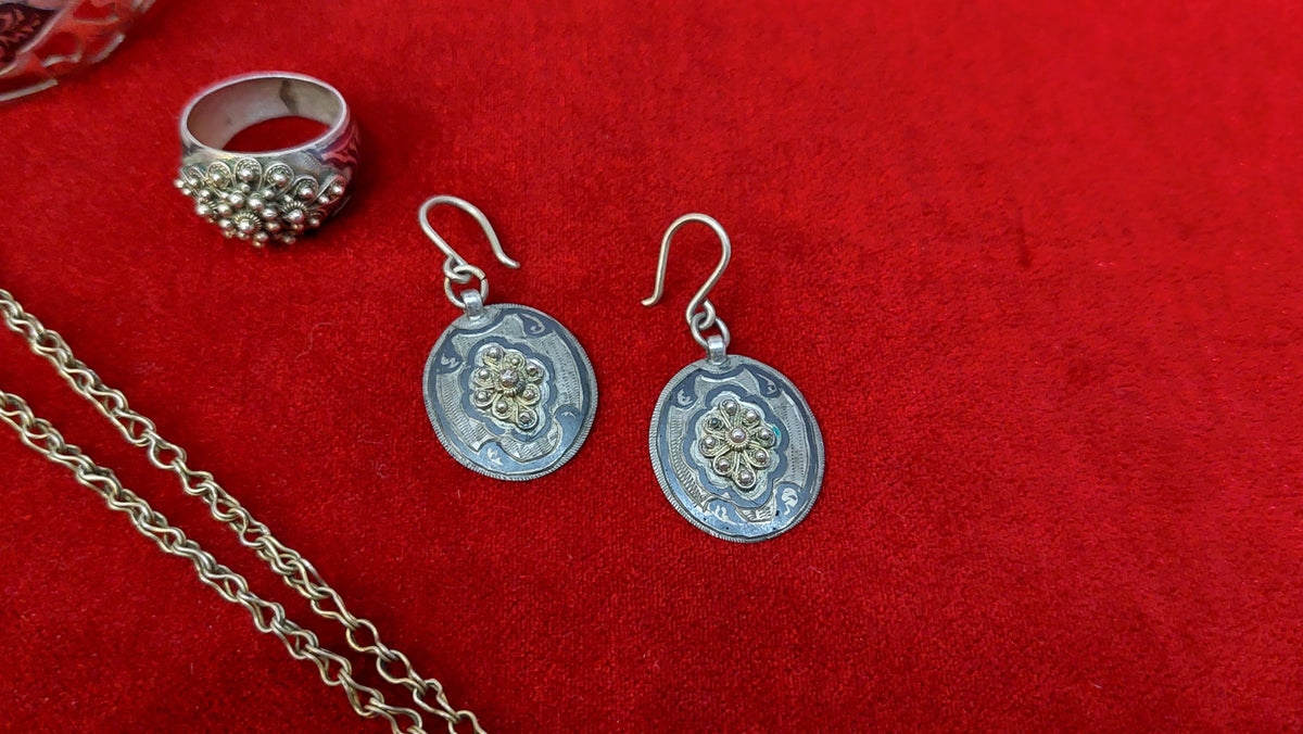 Vintage set!!! silver-plated earrings, ring, chain with pendant and bracelet USSR. Rare vintage set!!!