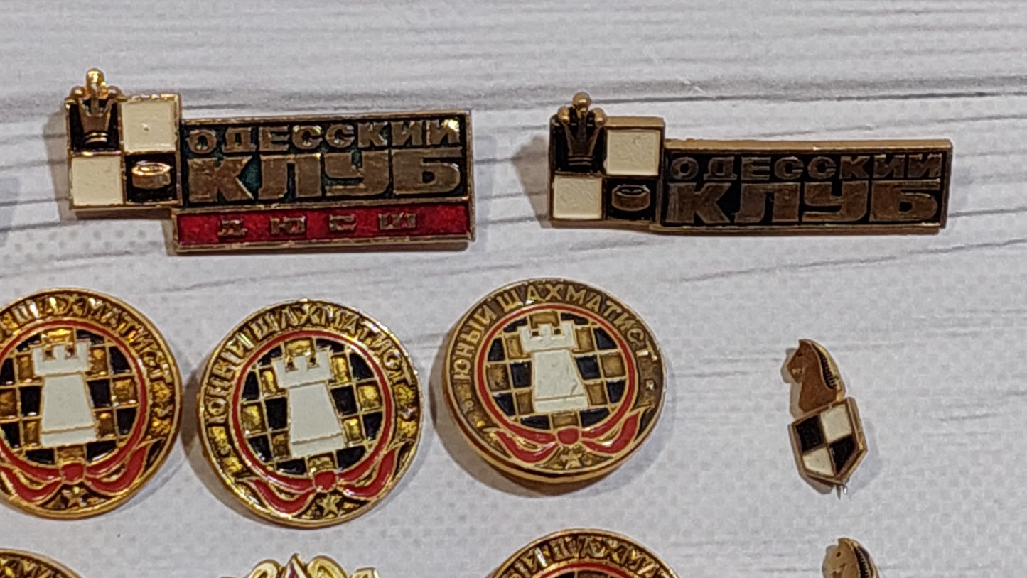 Chess.Chess badges for children. For vintage backpacks, jackets, hats, caps, uniforms. 19 pieces.