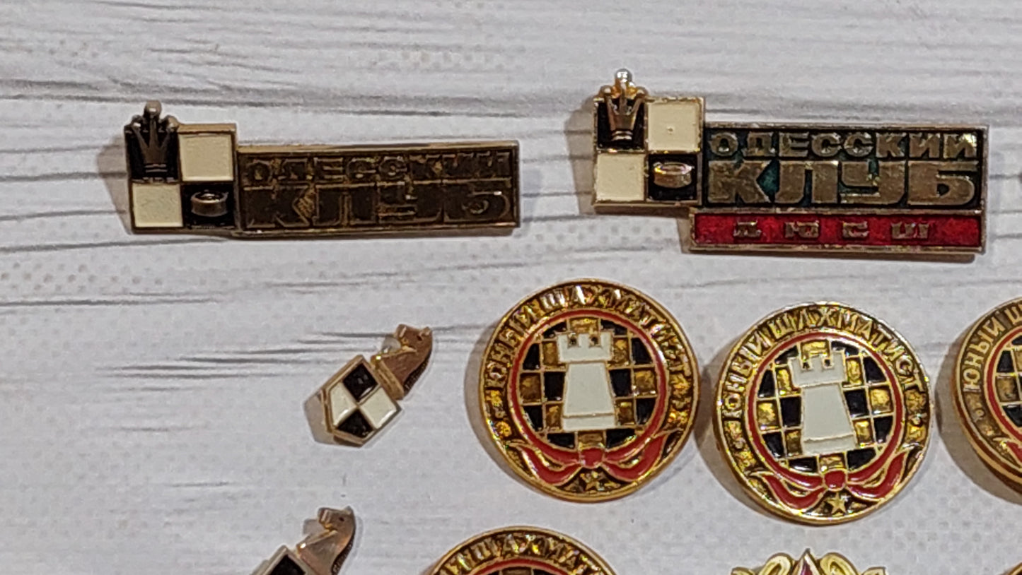 Chess.Chess badges for children. For vintage backpacks, jackets, hats, caps, uniforms. 19 pieces.