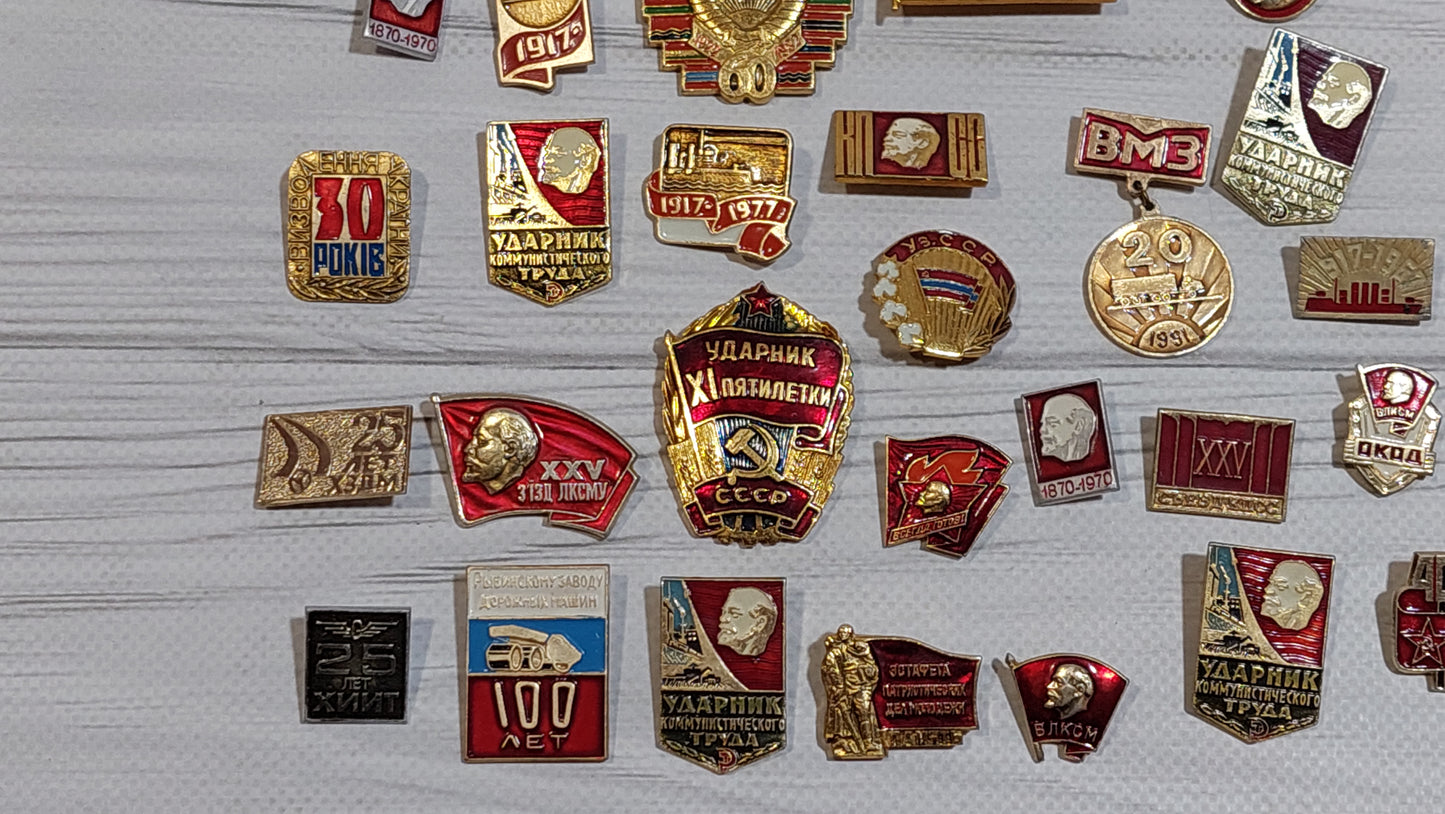 Lenin Pins, Badges for Vintage Backpacks, Jackets, Caps, Caps, Uniforms, 27 Pieces.
