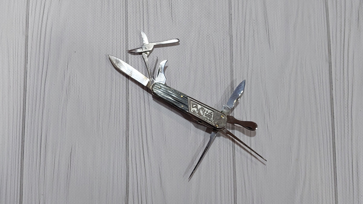 Knife Pavlovsk souvenir multitool. Rare folding knife 1972 50 years of the USSR.