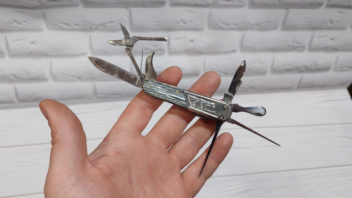 Knife Pavlovsk souvenir multitool. Rare folding knife 1972 50 years of the USSR.