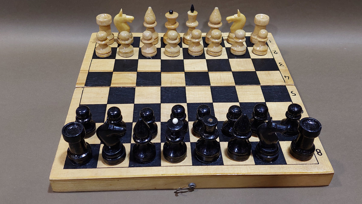 Nice old classic Soviet wooden chess set, vintage USSR antique from the 1980s.