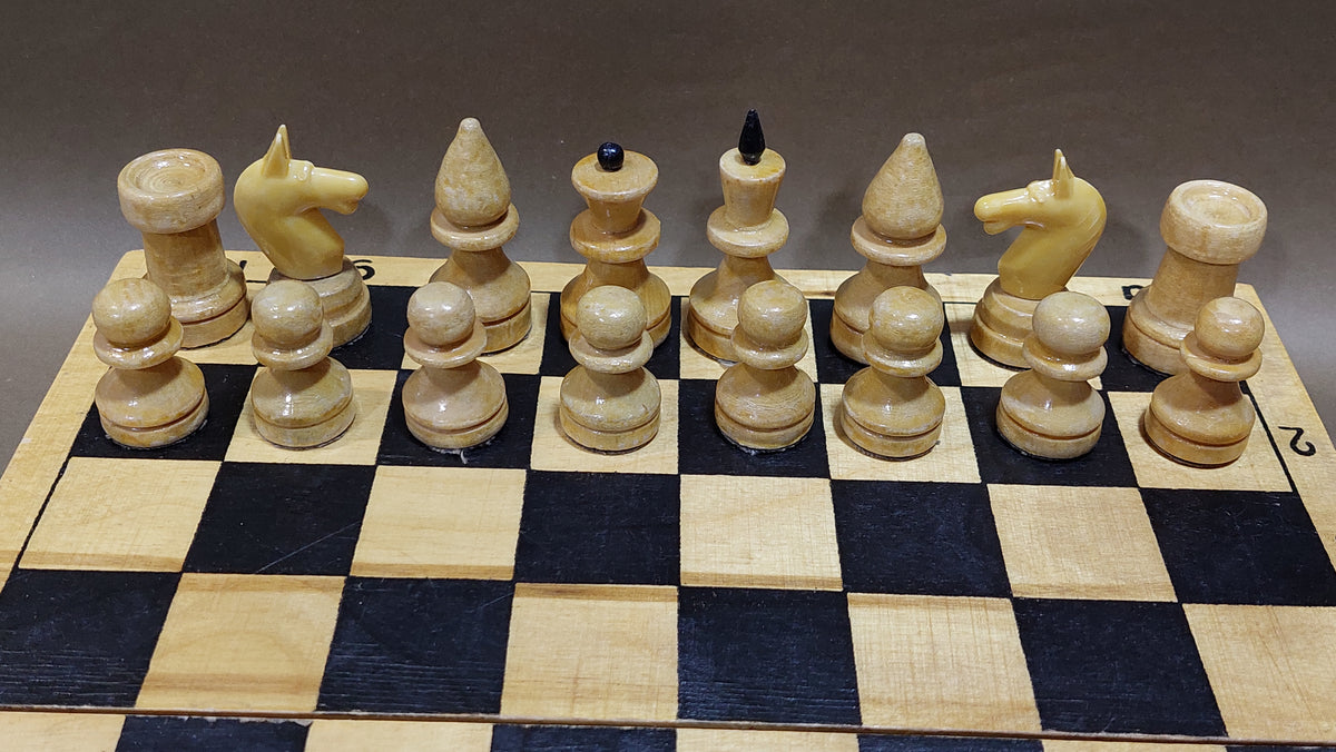 Nice old classic Soviet wooden chess set, vintage USSR antique from the 1980s.