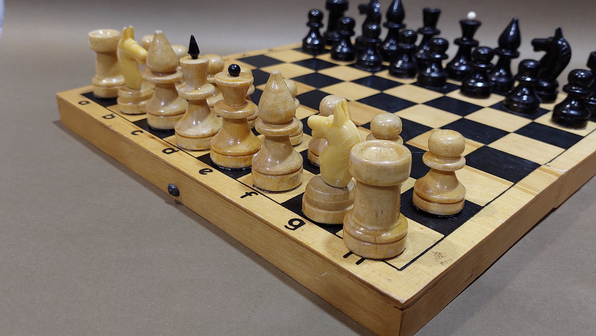 Nice old classic Soviet wooden chess set, vintage USSR antique from the 1980s.