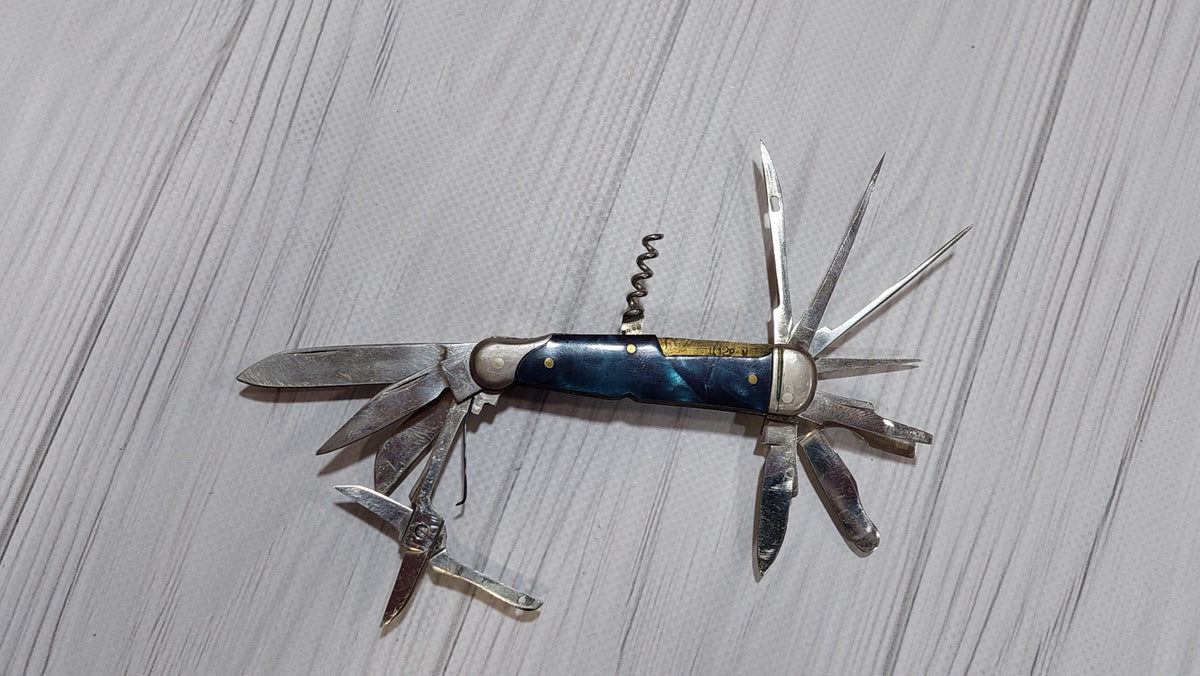Soviet vintage folding knife multitool, USSR folding knife, produced by the Soviet Vorsma plant, tourist knife.