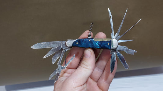 Soviet vintage folding knife multitool, USSR folding knife, produced by the Soviet Vorsma plant, tourist knife.