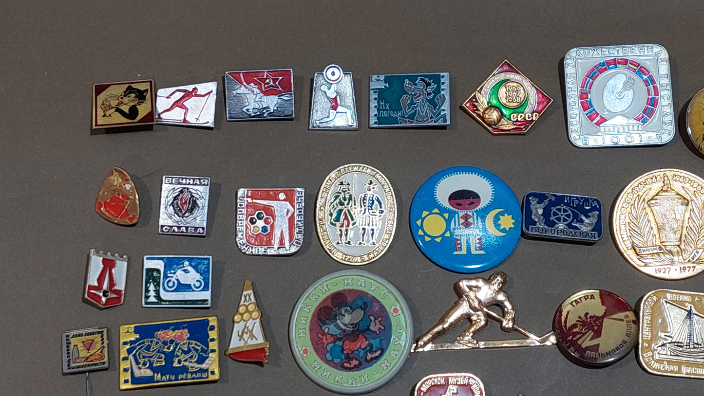BADGES, Soviet era, enamel, badges for vintage backpacks, jackets, hats, caps, uniforms. 48 pieces.