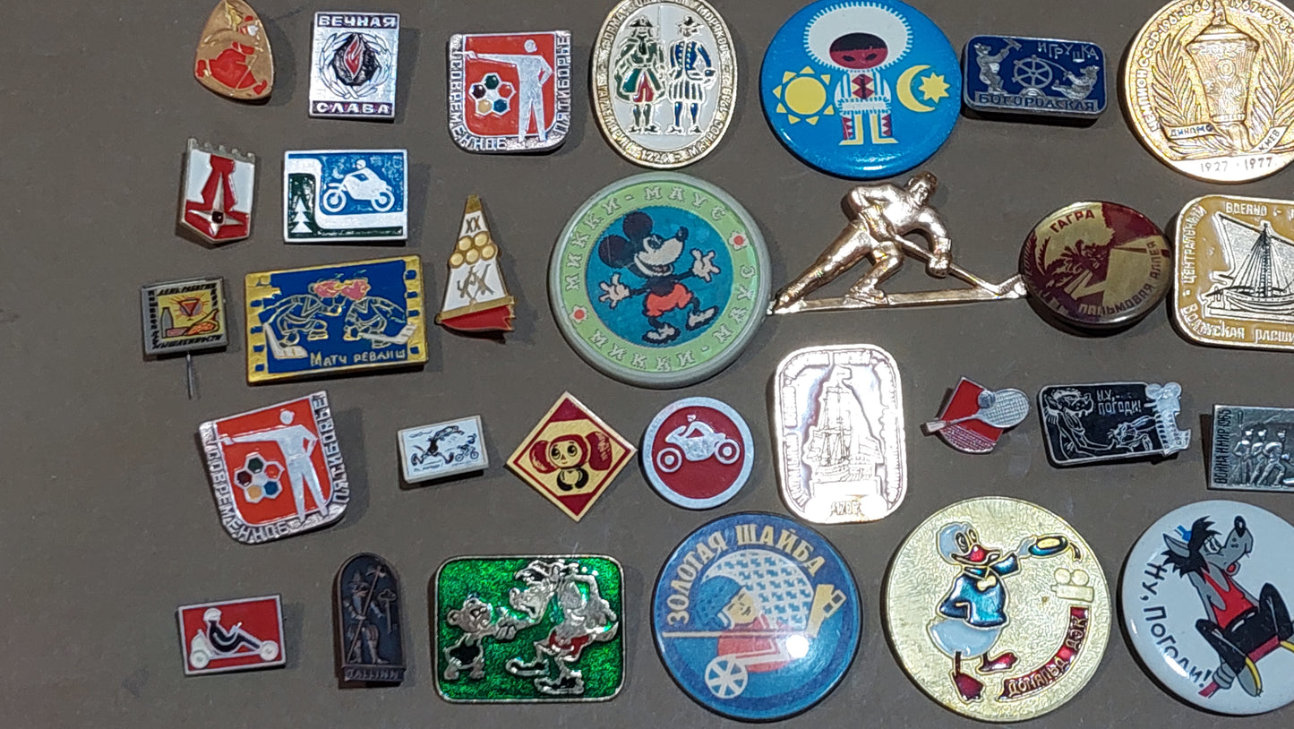 BADGES, Soviet era, enamel, badges for vintage backpacks, jackets, hats, caps, uniforms. 48 pieces.
