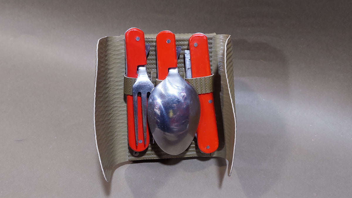 vintage travel set compass spoon fork bottle opener .