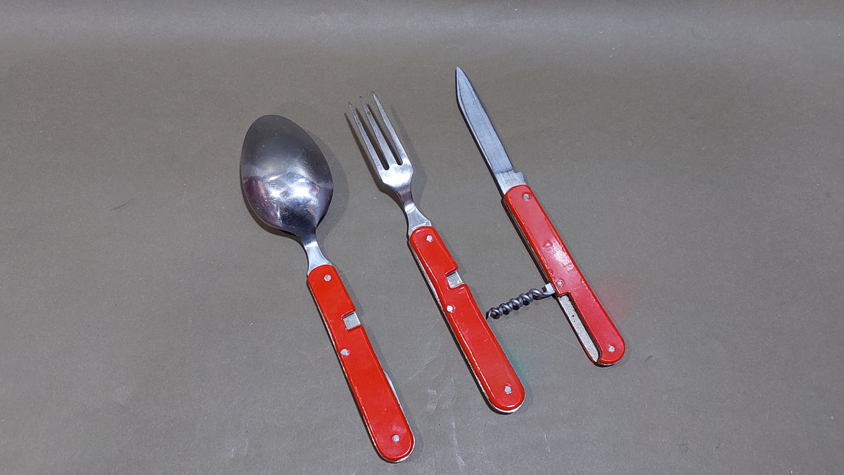 vintage travel set compass spoon fork bottle opener .