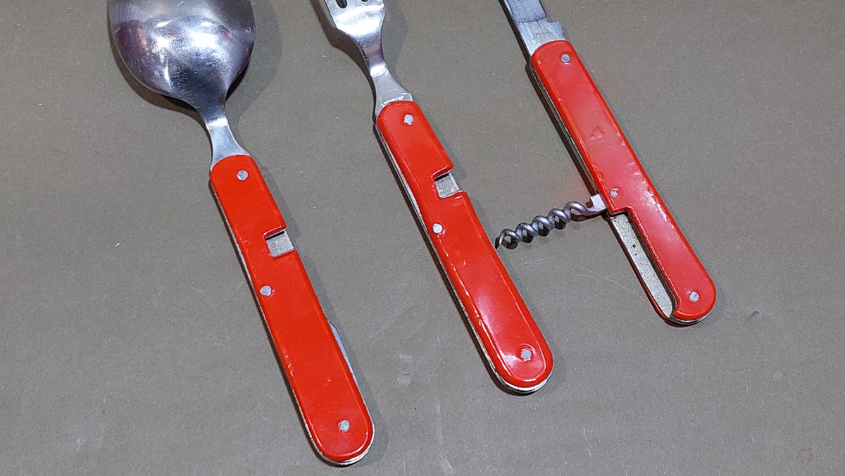 vintage travel set compass spoon fork bottle opener .
