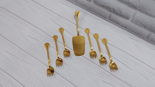 beautiful vintage dessert set, spatula and six forks, gilded, made in Tallinn.