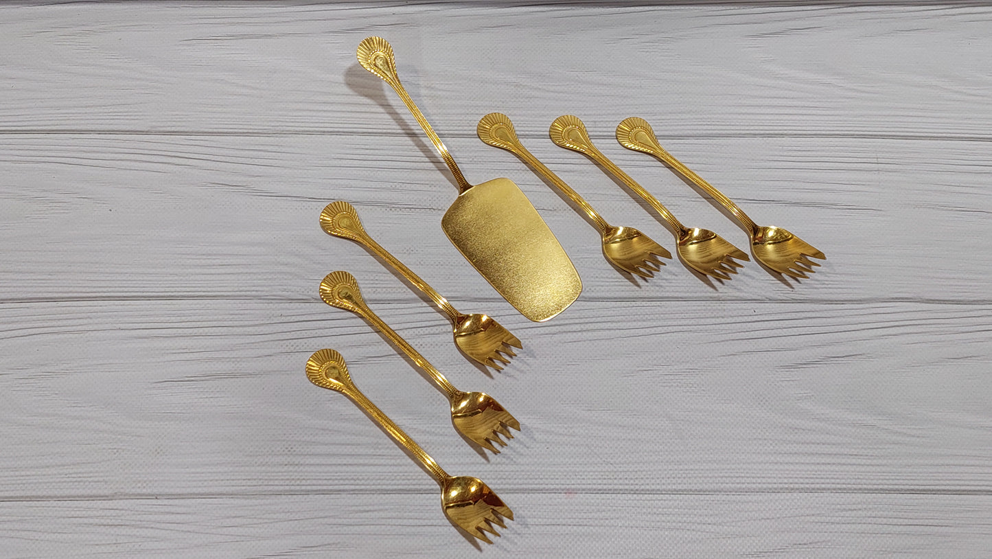 beautiful vintage dessert set, spatula and six forks, gilded, made in Tallinn.