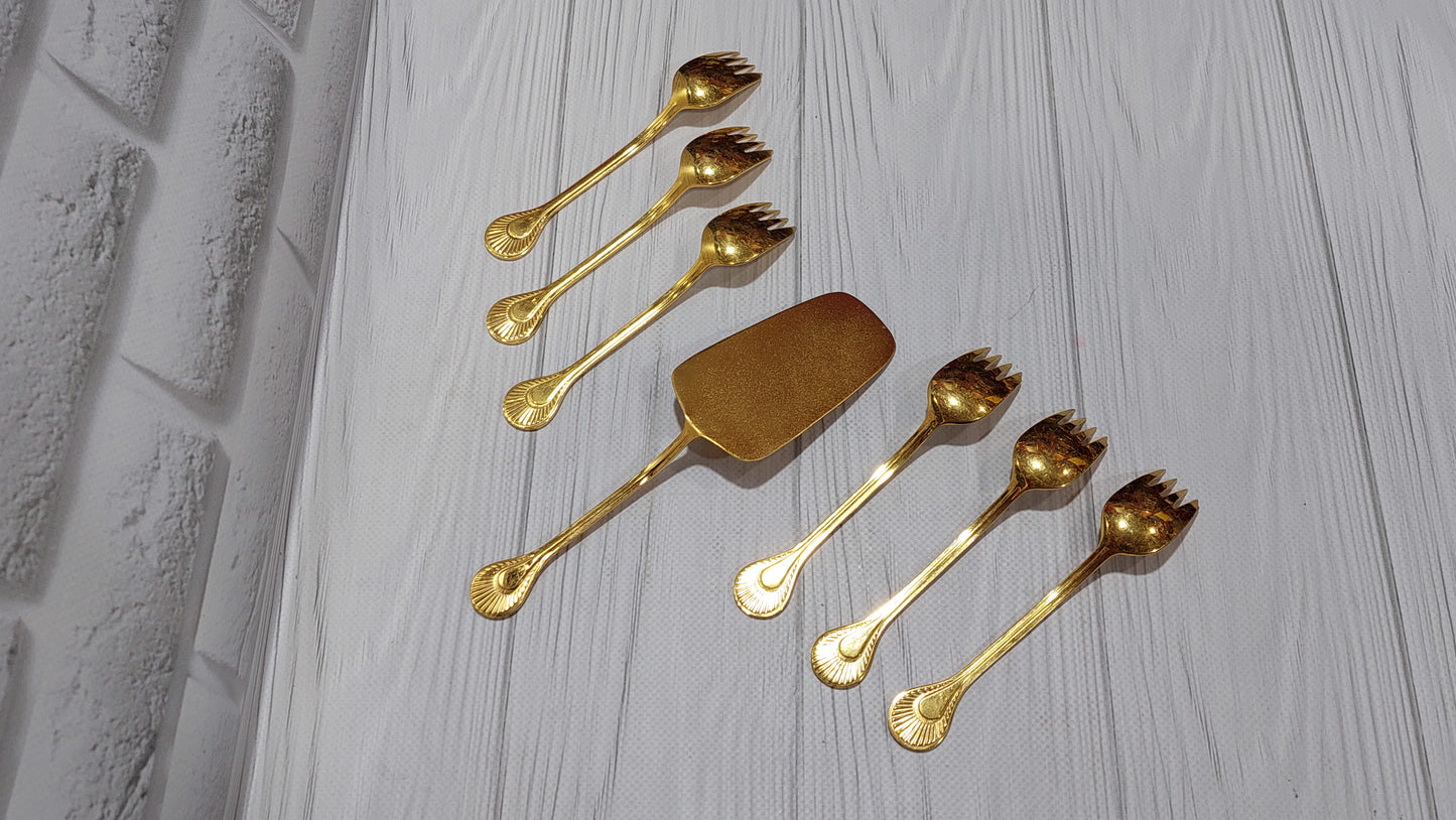 beautiful vintage dessert set, spatula and six forks, gilded, made in Tallinn.