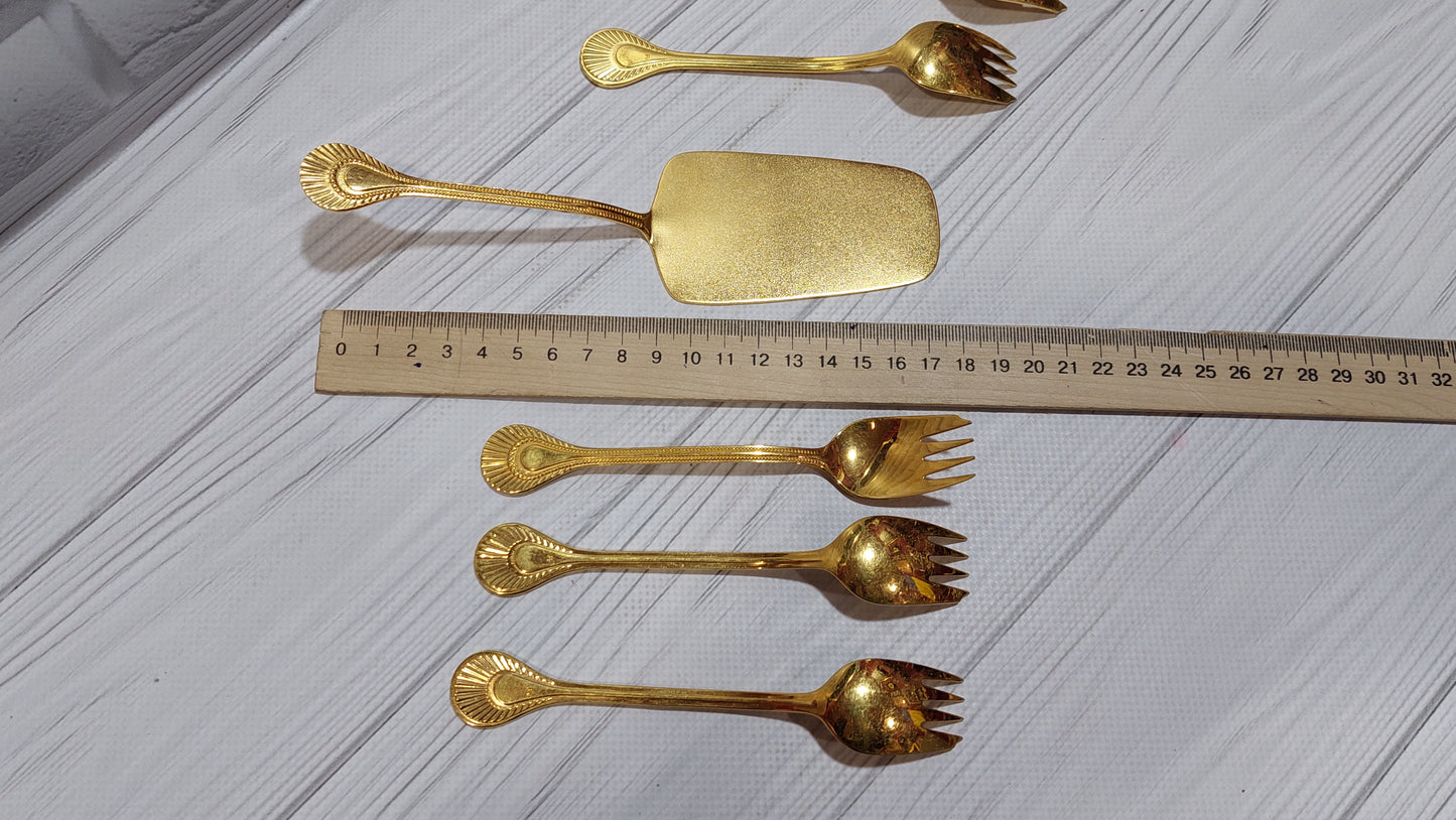 beautiful vintage dessert set, spatula and six forks, gilded, made in Tallinn.