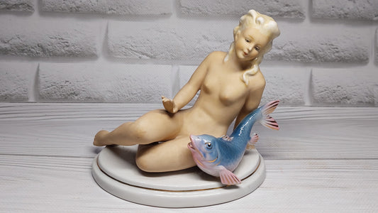 Porcelain figure figurine Germany naked girl NUDE sitting with fish hallmark HS.