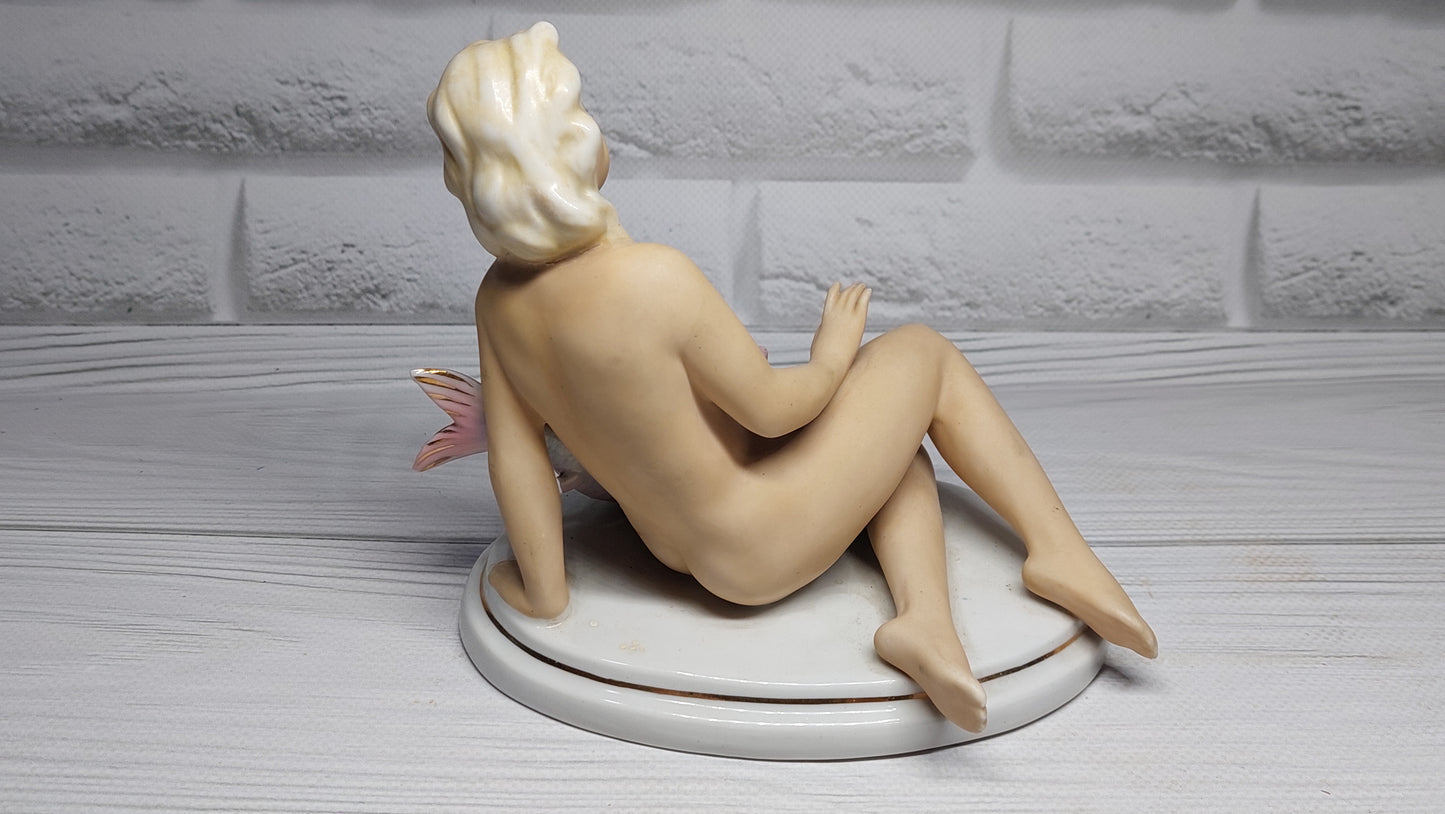 Porcelain figure figurine Germany naked girl NUDE sitting with fish hallmark HS.