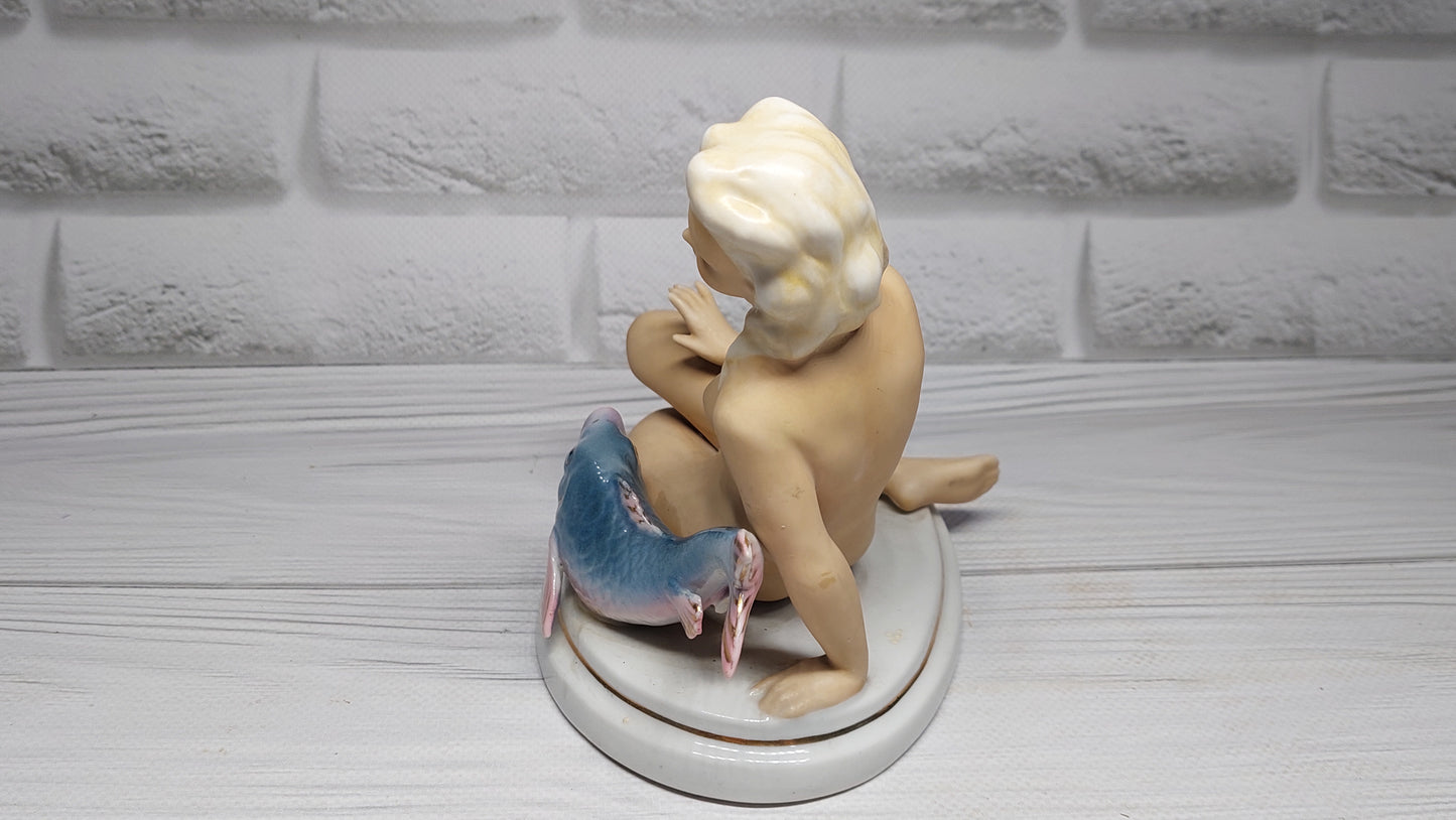 Porcelain figure figurine Germany naked girl NUDE sitting with fish hallmark HS.