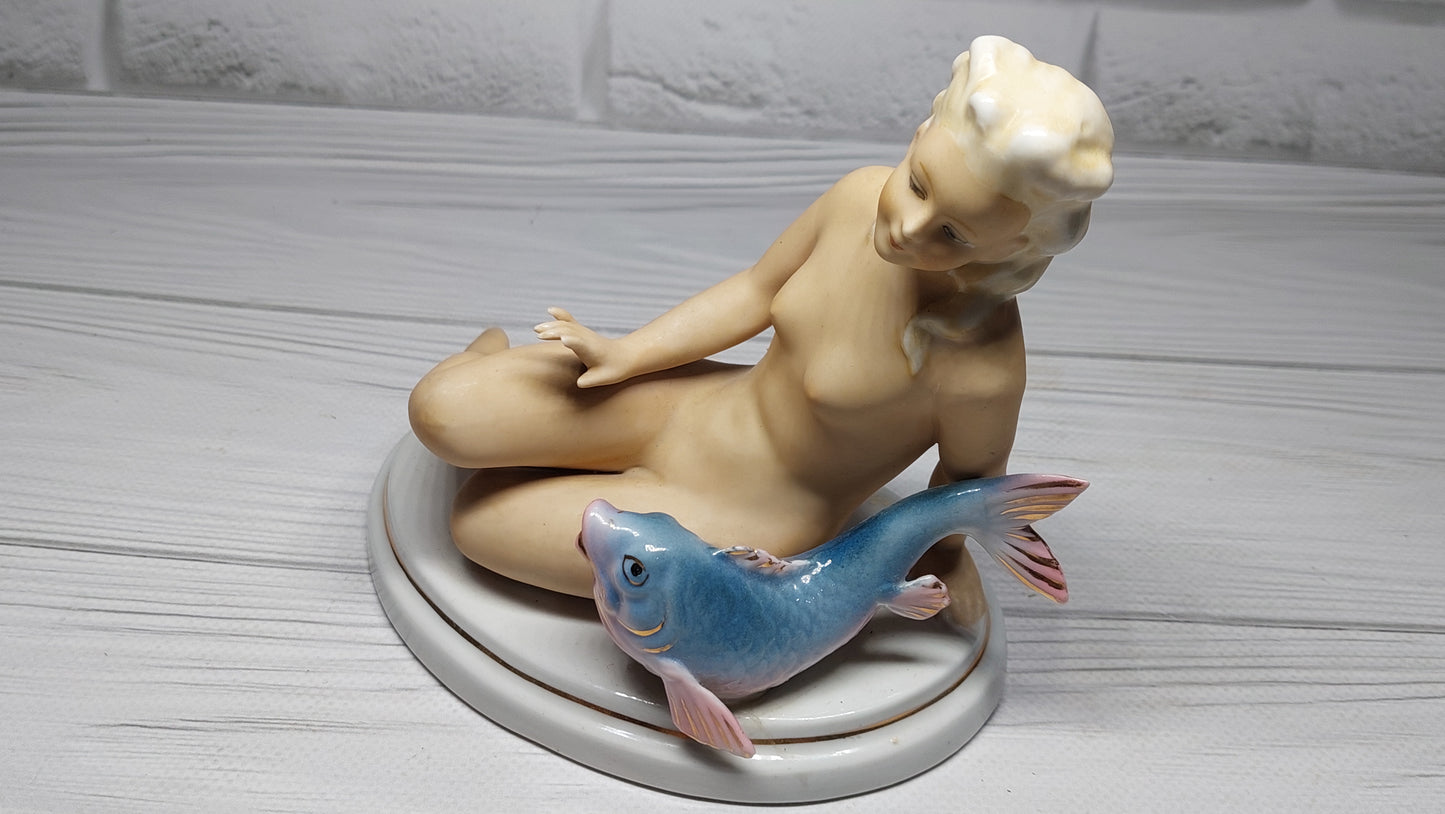 Porcelain figure figurine Germany naked girl NUDE sitting with fish hallmark HS.