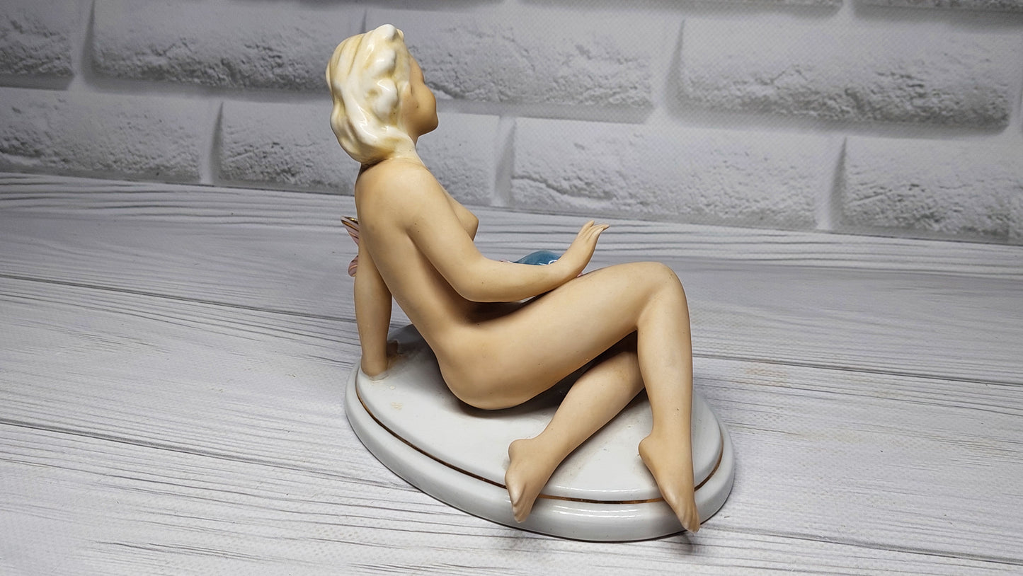 Porcelain figure figurine Germany naked girl NUDE sitting with fish hallmark HS.