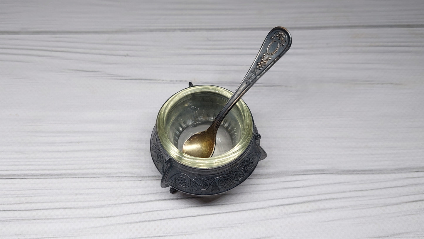 Soviet Vintage Salt Shaker with Spoon, Mustard Pot, Salt Jug, Soviet Melchior Small Salt Jar, Vintage Collectibles, Made in USSR