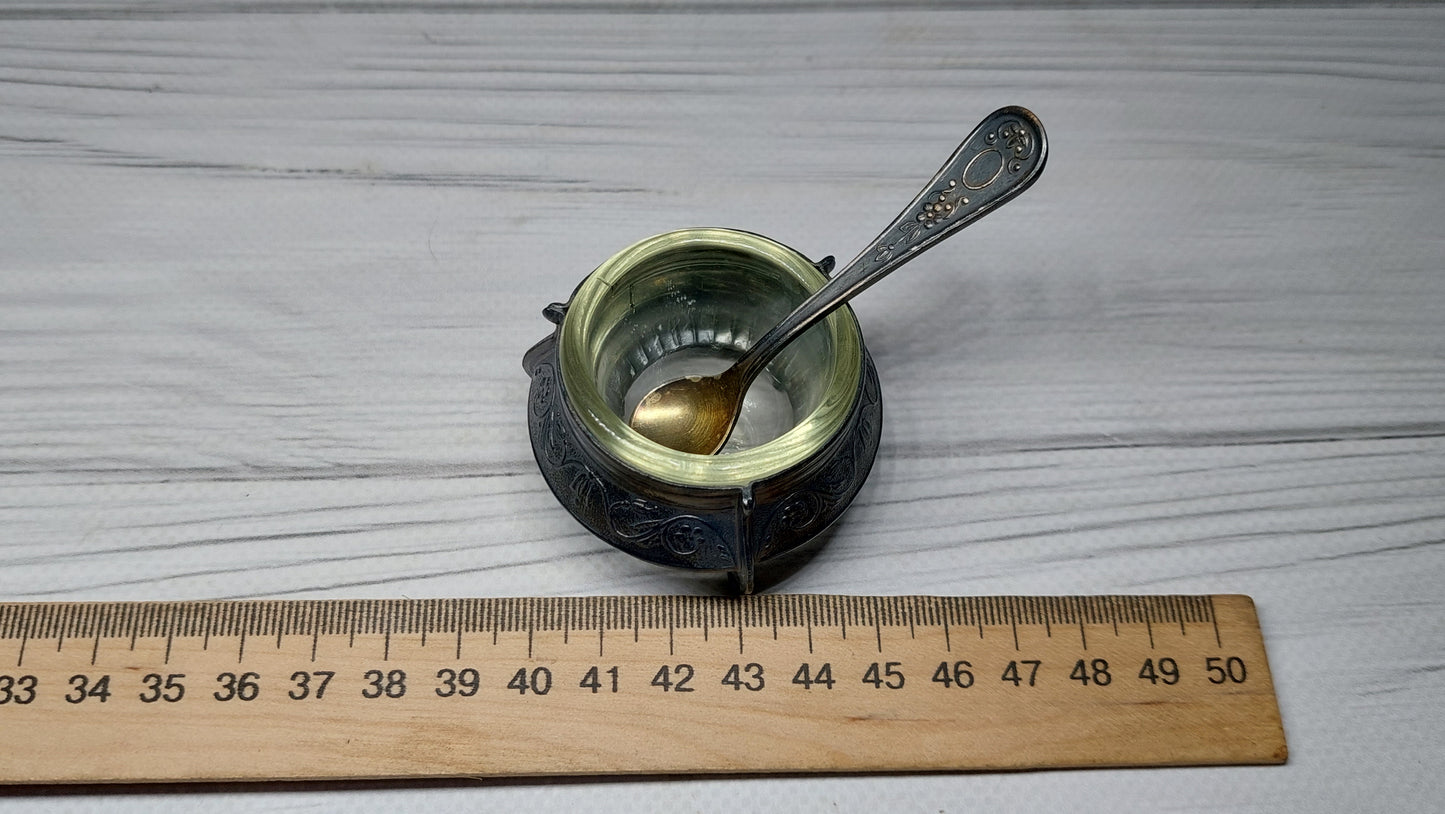 Soviet Vintage Salt Shaker with Spoon, Mustard Pot, Salt Jug, Soviet Melchior Small Salt Jar, Vintage Collectibles, Made in USSR