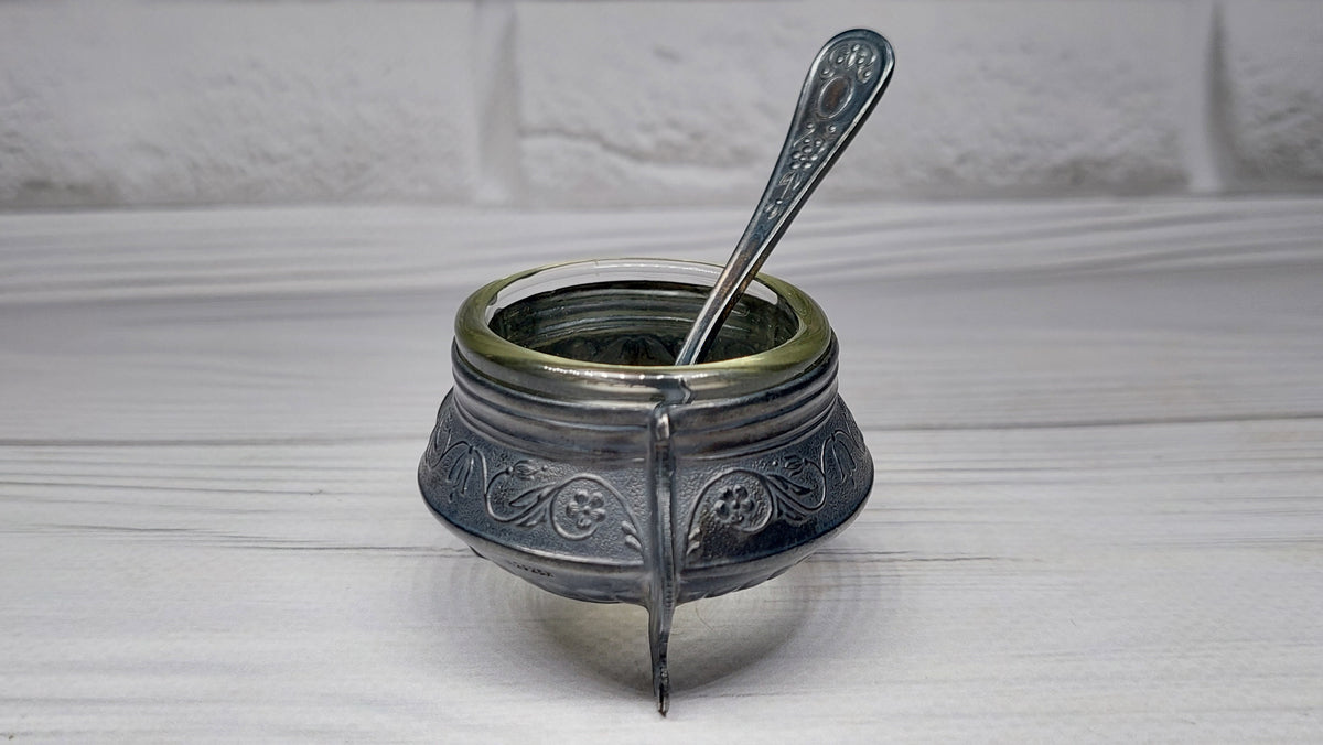 Soviet Vintage Salt Shaker with Spoon, Mustard Pot, Salt Jug, Soviet Melchior Small Salt Jar, Vintage Collectibles, Made in USSR